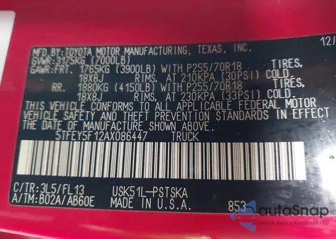 2010 Toyota Tundra Grade 5.7L V8 из США, поврежденный, VIN 5TFEY5F12AX086447